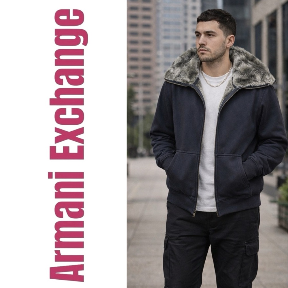 ARMANI EXCHANGE A/X FAUX FUR LINED HOODIE JACKET BLACK STREETWEAR COZYCORE, XL